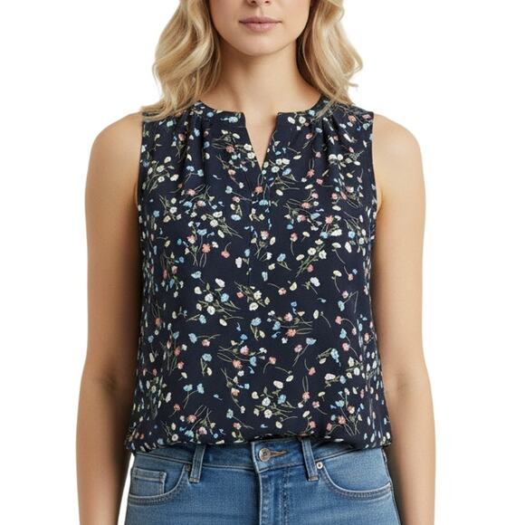 41 Hawthorn Morey Split Neck Sleeveless Top Women’s XS Navy Blue Floral NWT - Picture 1 of 6